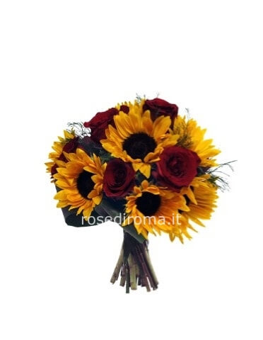 Bouquet Con 7 Girasoli E 6 Rose Rosse